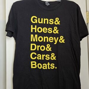 Black Graphic Tee with Yellow Text - Guns & Hoes Design